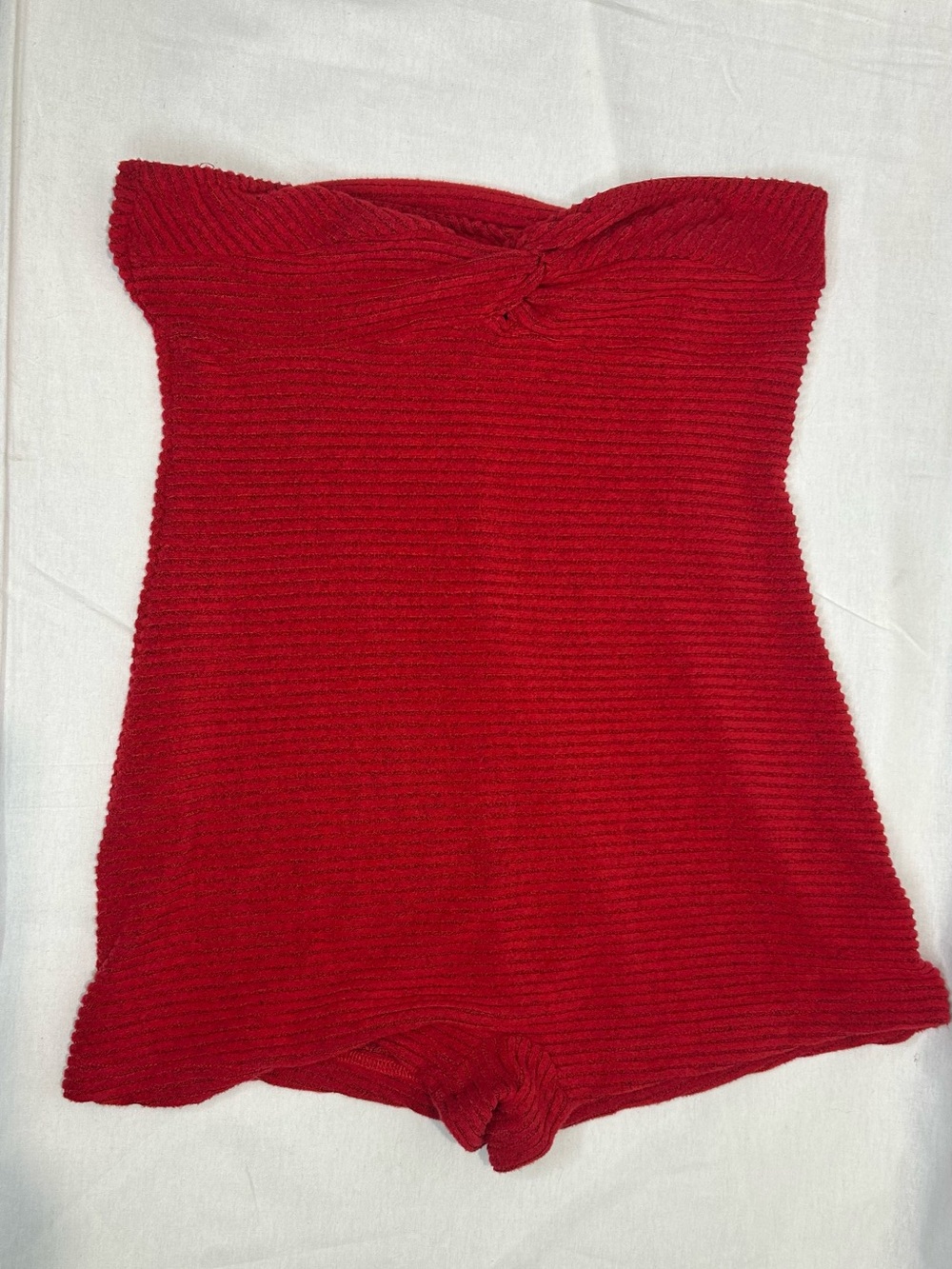 Red Ribbed Strapless Knit Romper